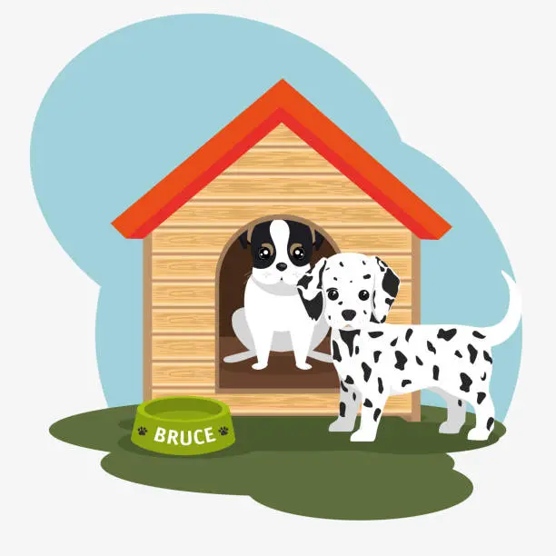 Vector illustration of two dog house bowl food