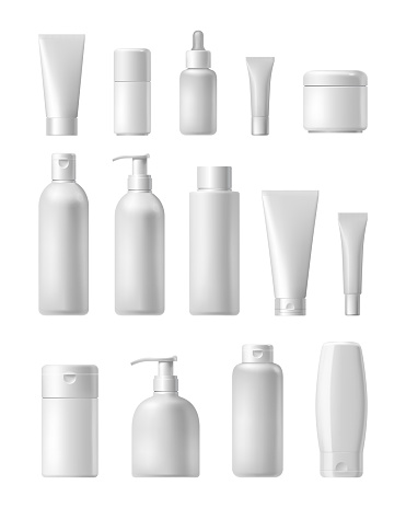 Cosmetic brand template. Vector packaging. Oil, lotion, shampoo. Realistic bottle mock up set. Isolated pack on white background.