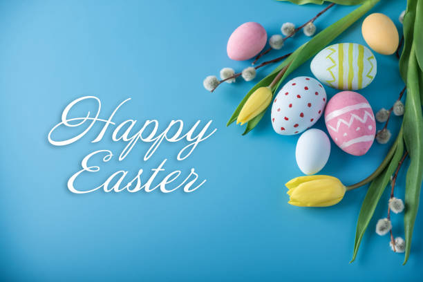 Holiday greeting card with text happy Easter stock photo