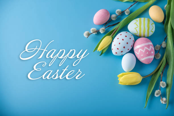 holiday greeting card with text happy easter - easter text single word paint imagens e fotografias de stock