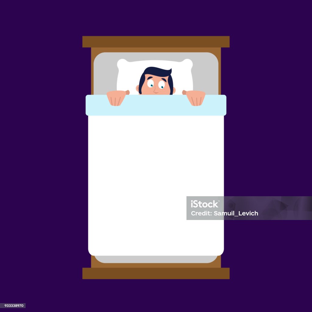 Man under blanket is afraid. Fear in bed. Bed - Furniture stock vector