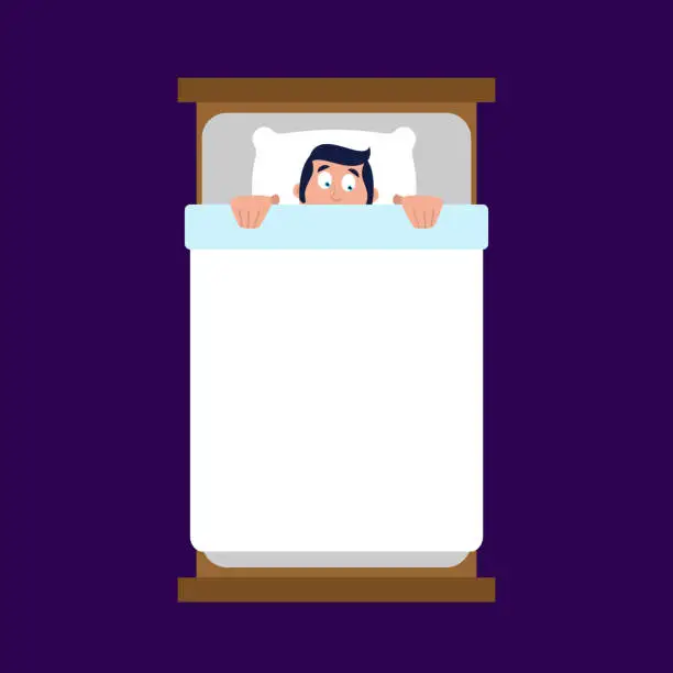 Vector illustration of Man under blanket is afraid. Fear in bed.