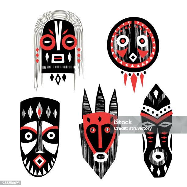 Vector Collection Of Handdrawn African Masks Totems Amulets Stock Illustration - Download Image Now