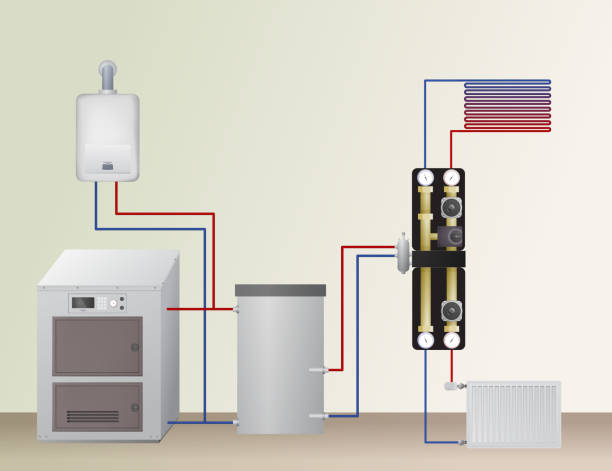 твердый топливно-газовый котел в системе отопления. - gas boiler illustrations stock illustrations