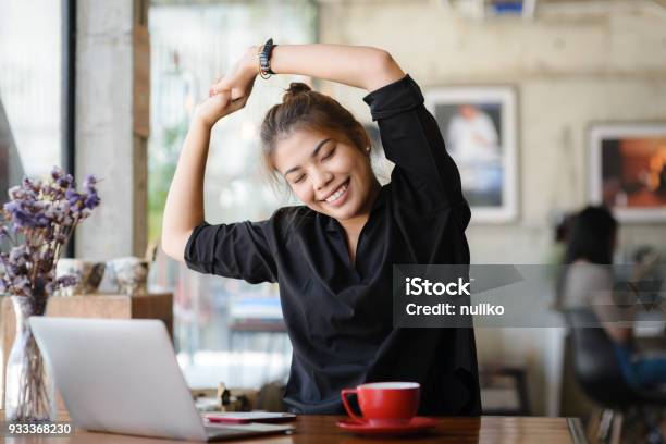 Beautiful Asian Woman Massage Herself To Protect An Office Syndrome Work Health Lifestyle Concept Stock Photo - Download Image Now