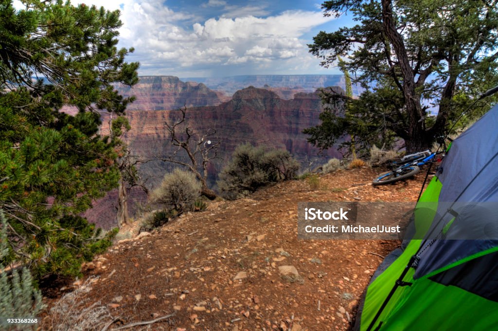 Point Sublime Camping A camper is set up on the North Rim of the Grand Canyon Camping Stock Photo