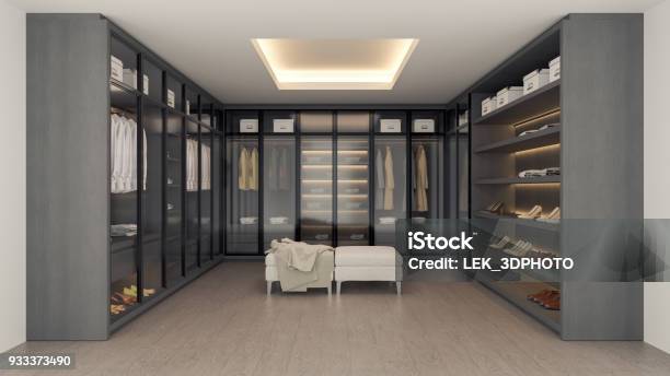 Modern Luxury Dressing Room Interior Walk In Closet Gray And Black Wardrobe Design 3d Rendering Stock Photo - Download Image Now