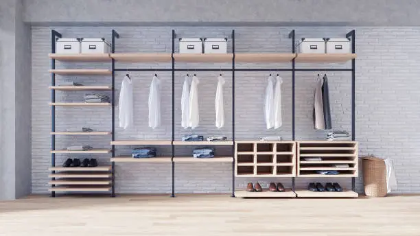 Modern loft dressing room  interior concept, walk- in closet,wood wardrobe on white brick wall and woodfloor,3d rendering