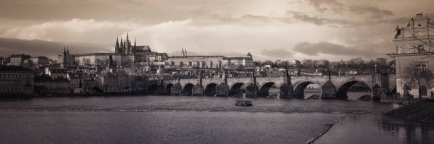 Panorama of Charles bridge in vintage style