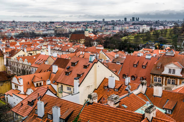 The morning fog over the red tiled roofs of one of Prague's oldest neighbourhoods.