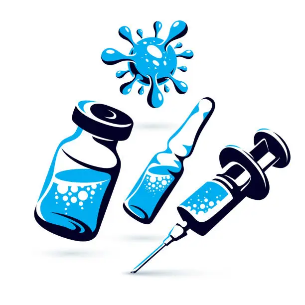 Vector illustration of Vector graphic illustration of vial, ampoule with medicine and medical syringe for injections. Scheduled vaccination theme.