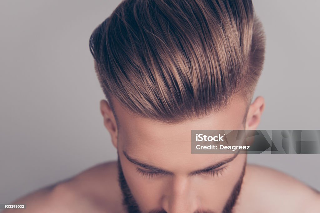 Style Stylish Therapy Treatment Problem Concept Cropped Top Above Close Up  View Photo Of Clean Clear Shiny With Gel Wax Lotion Perfect Ideal Groomed  Neat Hair Isolated On Gray Background Stock Photo -