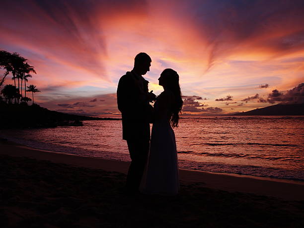 istock Wedding silhouette on sunset tropical beach 93340078
