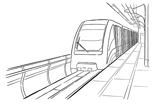 Hand drawn ink line sketch Moscow monorail light metro station, train in outline style perspective view.