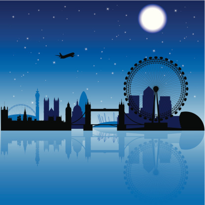 London silhouette at night with stars and moon on the background