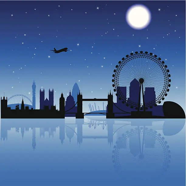 Vector illustration of London silhouette at night