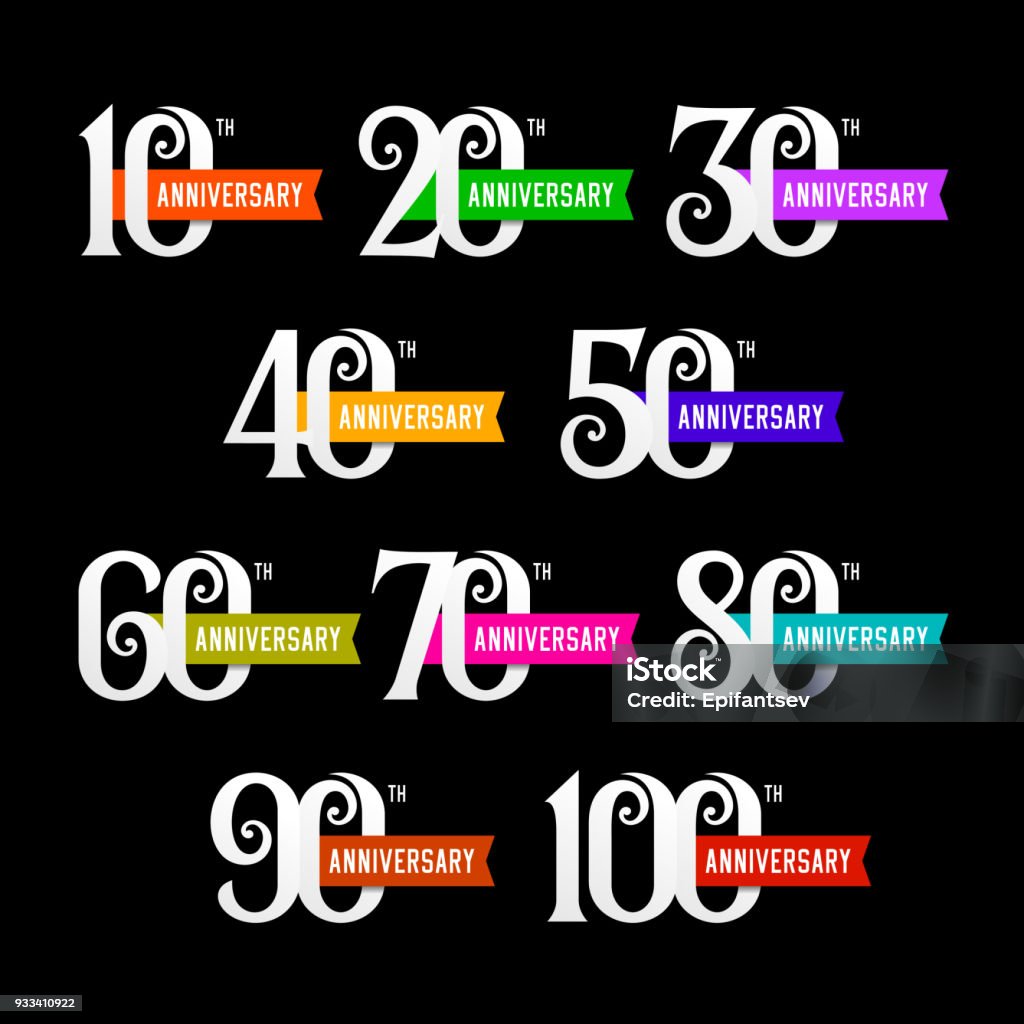 Set of anniversary emblems from 10 to 100. Set of anniversary emblems from 10 to 100. Numbers on black background. Stock vector signs design elements. 10th Anniversary stock vector