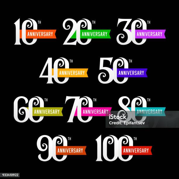 Set Of Anniversary Emblems From 10 To 100 Stock Illustration - Download Image Now - 10th Anniversary, Number, Number 40