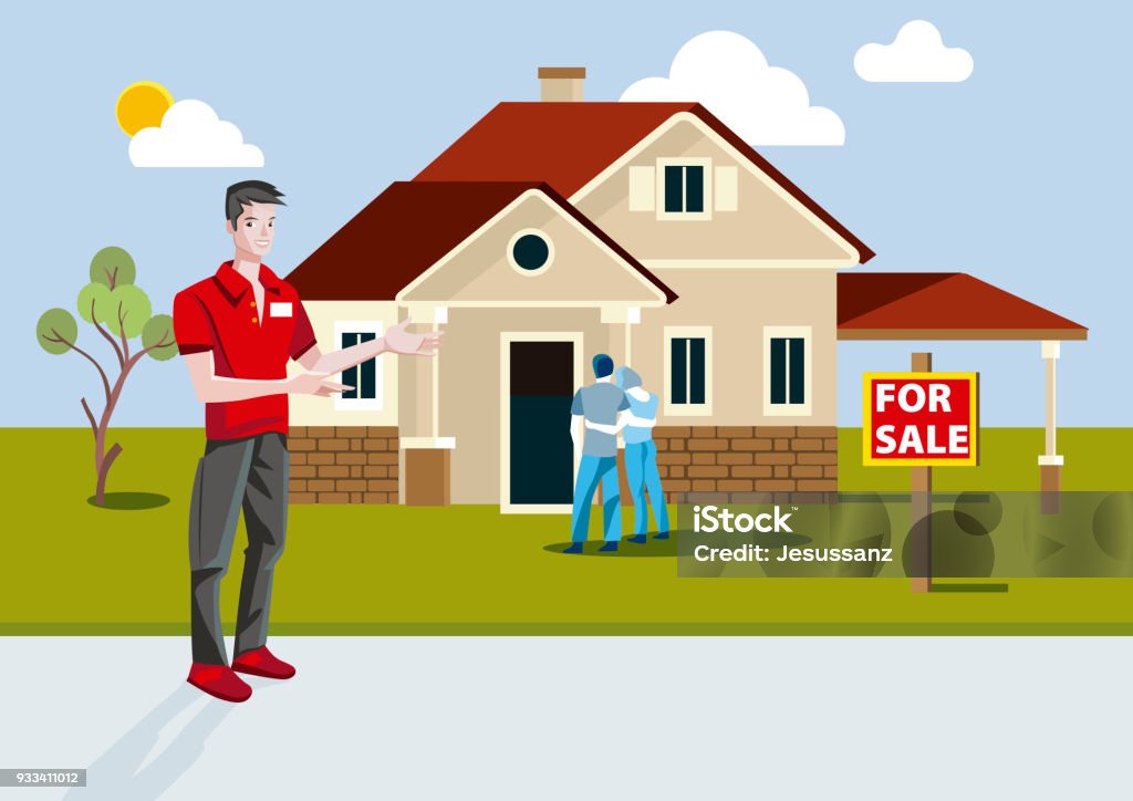 real estate salesman showing a recent construction house Real estate agent selling a new house with sold sign. Adult stock vector