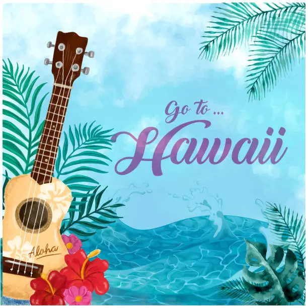Vector illustration of Go To Hawaii Guitar Sea Tree Flower Background Vector Image