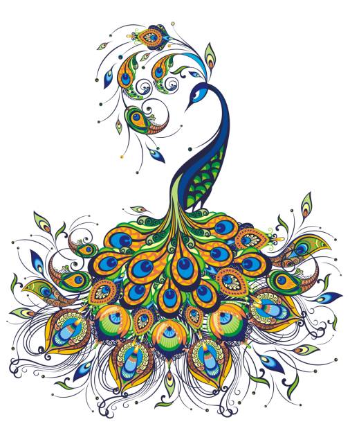 фэнтези павлин рисунок на белом фоне - pattern peacock multi colored decoration stock illustrations