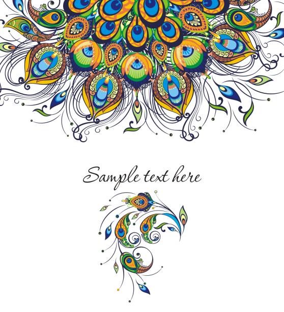 павлин перья, векторный дизайн покрытия - pattern peacock multi colored decoration stock illustrations