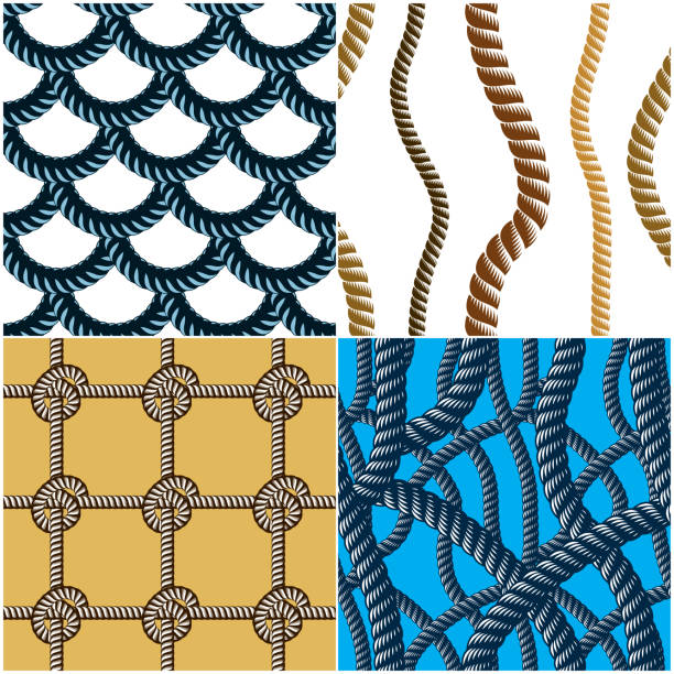 ilustrações de stock, clip art, desenhos animados e ícones de rope seamless patterns set, trendy vector wallpaper backgrounds collection. endless navy illustrations with fishing net ornament and marine knots. usable for fabric, wallpaper, wrapping, web and print. - tangled rope tied knot backgrounds