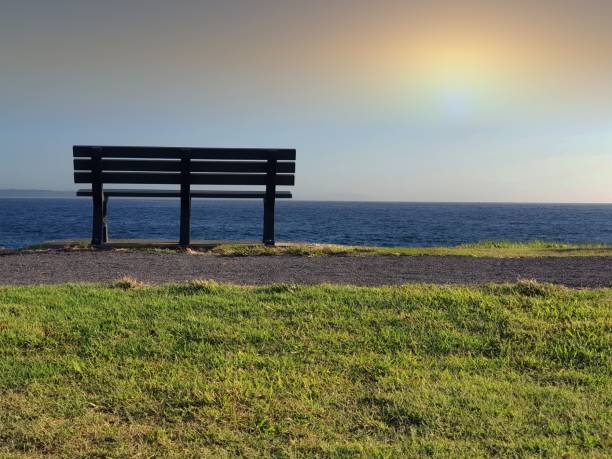 istock Single park bench looking out to sea 933422396