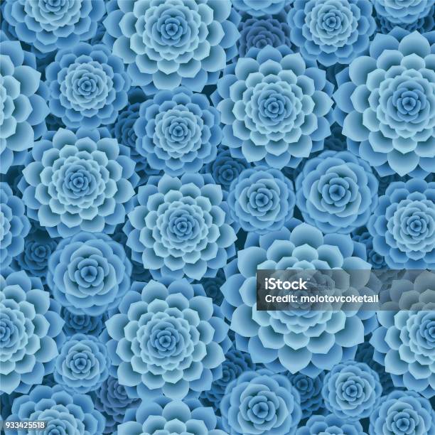 Top View Succulent Plants Seamless Pattern In Blue Color Stock Illustration - Download Image Now