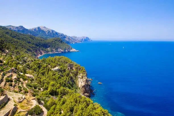 Island scenery, seascape of Mallorca Spain. Idyllic coastline of Majorca, Mediterranean Sea on sunny day. Turquoise water and green hills of Serra de Tramuntana