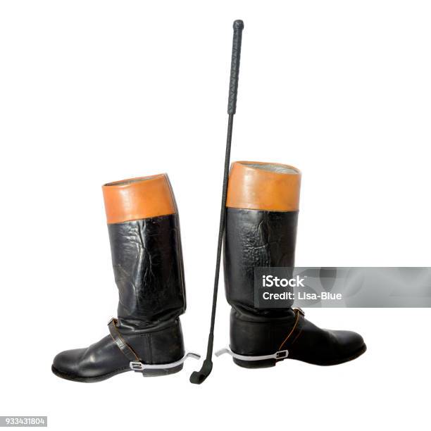 Woman Used Riding Boots With Spurs And Riding Crop Stock Photo - Download Image Now - Riding Crop, White Background, Leather