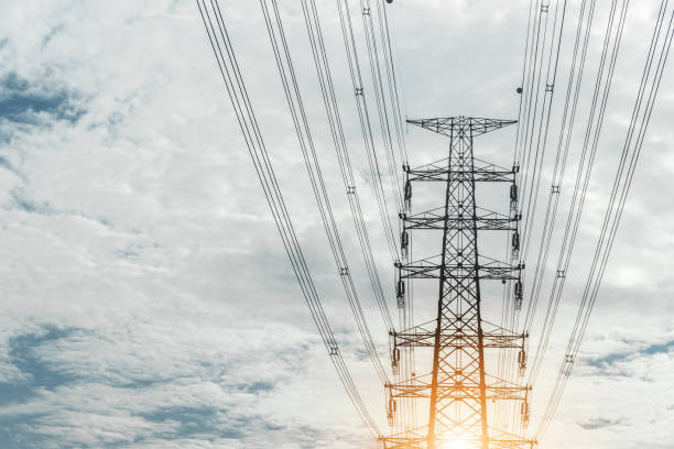istock Electricity concept. Close up high voltage power lines station. 933439712