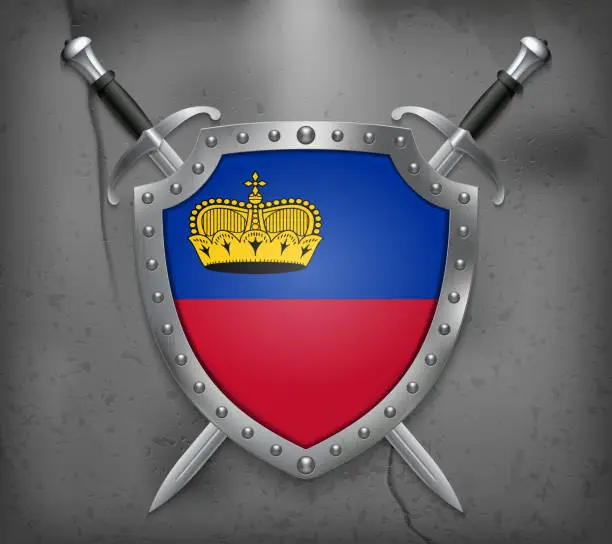 Vector illustration of Flag of Liechtenstein. The Shield with National Flag. Two Crossed Swords. Vector Medieval Background