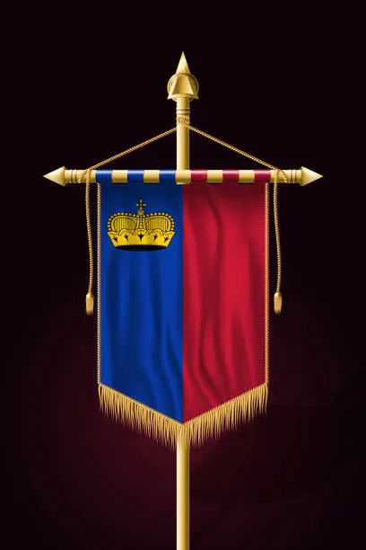 Vector illustration of Flag of Liechtenstein. Festive Vertical Banner. Wall Hangings with Gold Tassel Fringing