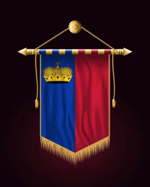 Vector illustration of Flag of Liechtenstein. Festive Vertical Banner. Wall Hangings with Gold Tassel Fringing
