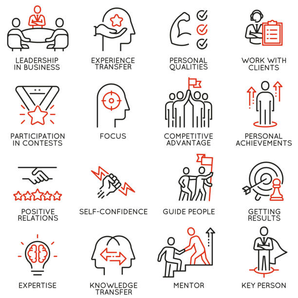 Skills, empowerment leadership development, qualities of leader icons -part 5 Vector set of linear icons related to skills, empowerment leadership development and qualities of a leader. Mono line pictograms and infographics design elements - part 5 confidence stock illustrations