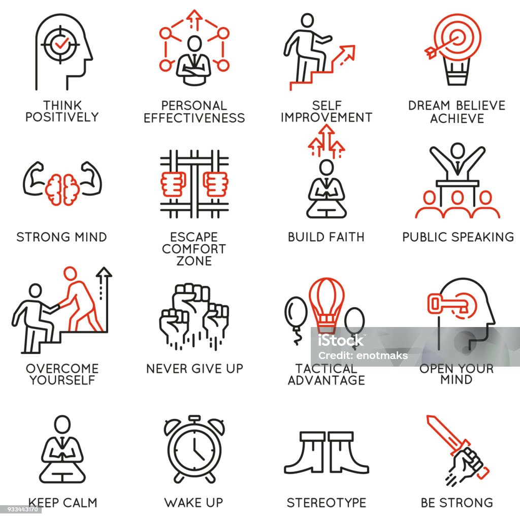 Skills, empowerment leadership development, qualities of leader icons -part 4 Vector set of linear icons related to skills, empowerment leadership development, qualities of a leader and willpower. Mono line pictograms and infographics design elements - part 4 Icon Symbol stock vector