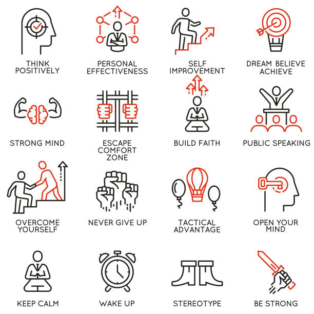 Skills, empowerment leadership development, qualities of leader icons -part 4 Vector set of linear icons related to skills, empowerment leadership development, qualities of a leader and willpower. Mono line pictograms and infographics design elements - part 4 fearless stock illustrations