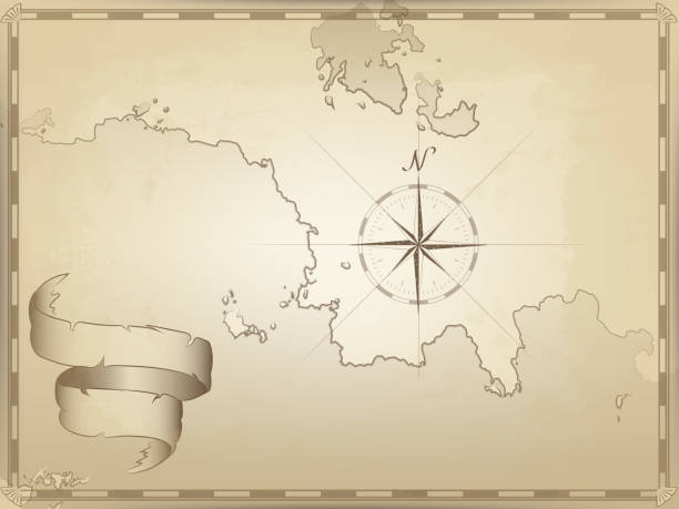 ilustracja wektorowa starego wykresu nawigacyjnego na pożółkłym papierze. oceanów, jezior, kontynentu i wysp. fala wstążki. obraz kompasu skierowanego na północ. obramowanie z podszewką - compass drawing compass map cartography stock illustrations