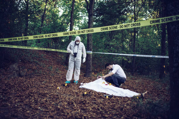 istock Detective and forensics collecting evidence on murder scene 933445884
