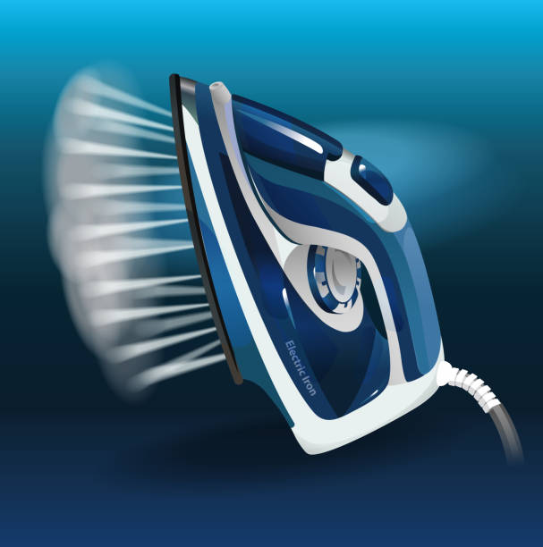 modern electric iron with steam Abstract model of a modern electric iron with steam function. Tilting position. Blue iron steam stock illustrations