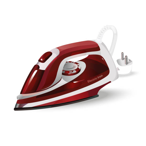 modern electric iron with steam Electric iron. A modern household appliance. Abstract model. Red iron steam stock illustrations