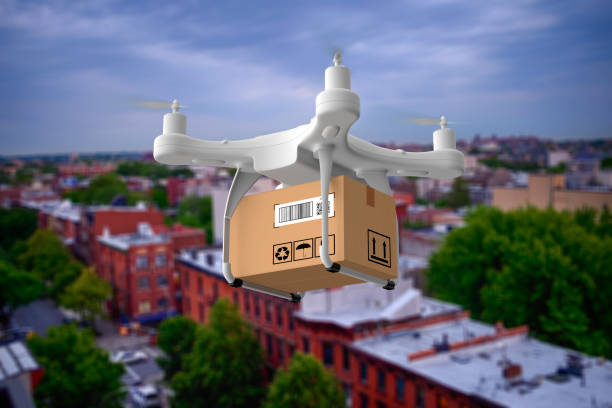 istock Delivery drone flying in New york city 933449984