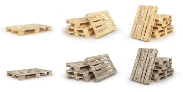 Set of stack of wood pallets isolated on a white. 3d illustration