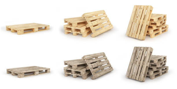 set of stack of wood pallets isolated on a white. 3d illustration - palete imagens e fotografias de stock