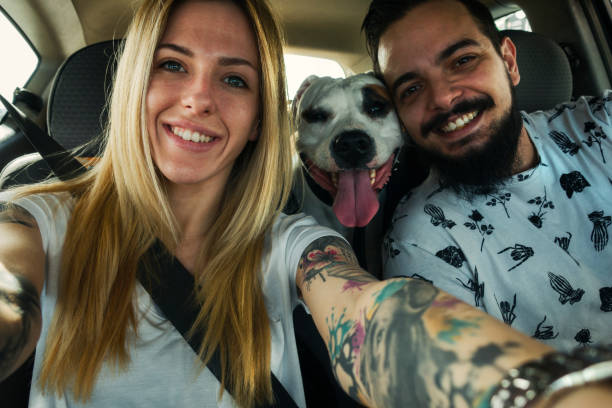 Happy Couple Happy couple making selfie in the car. Their dog posing with them. hipster car stock pictures, royalty-free photos & images