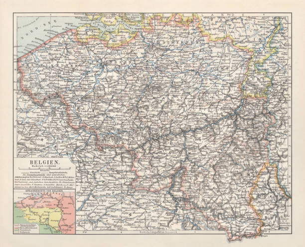 ilustrações de stock, clip art, desenhos animados e ícones de map of belgium, lithograph, published in 1897 - antuerpia