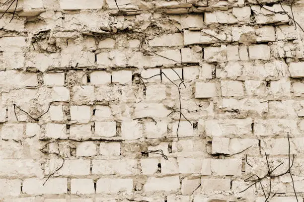 Photo of Part of the wall of brick with pieces of rebar of an old building for demolition. Toning.