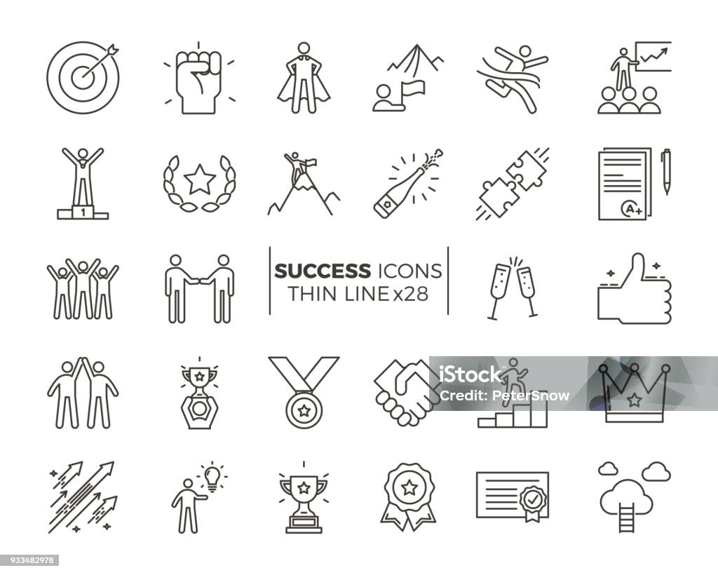 Icons related with success, motivation, willpower, leadership, determination and growth. Vector pictogram thematic set. Objects and dynamic character actions vector eps10 Icon Symbol stock vector