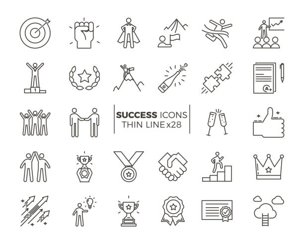 Icons related with success, motivation, willpower, leadership, determination and growth. Vector pictogram thematic set. Objects and dynamic character actions vector eps10 bold stock illustrations